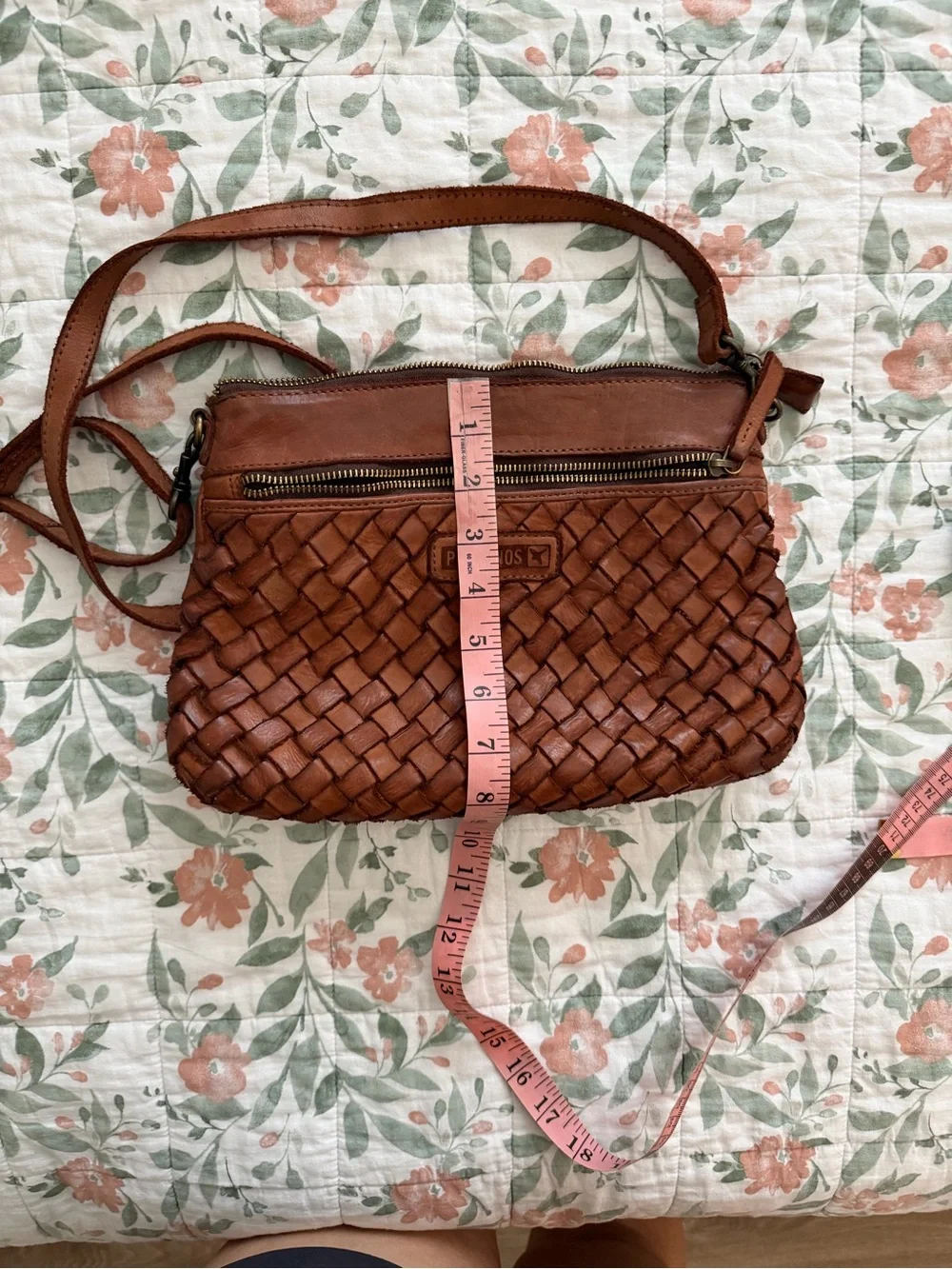 PIKOLINOS Woven Leather Crossbody Bag in Cognac Brown
